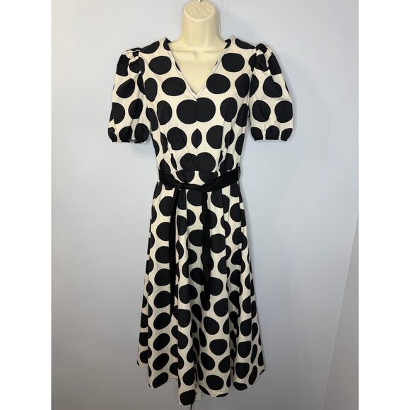 LUNA ALLEGRA V Neck Puff Sleeve Polka Dot Midi Dress Black White Sz S - Picture 4 of 13